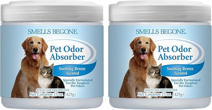 SMELLS BEGONE Air Freshener Pet Odor Absorber Gel - 15 oz, Pack of 2 - Absorbs and Eliminates Odor in Pet Areas, Bathrooms, Cars, &amp; Boats - Made with Essential Oils - Soothing Breeze Scent