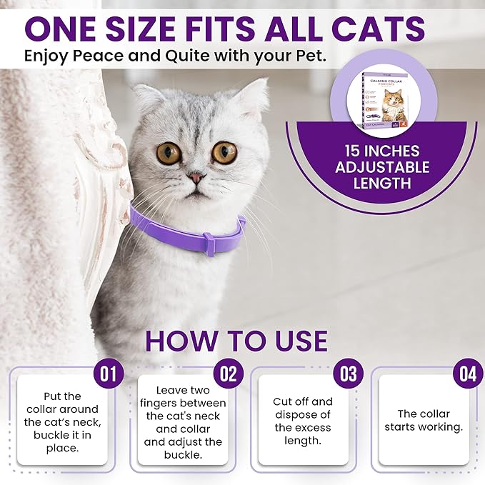 Calming Collar for Cats: Pheromone-Infused Behavior Support, Long-Lasting 30-Day Effect, Adjustable &amp; Waterproof, 4-Pack (Purple)