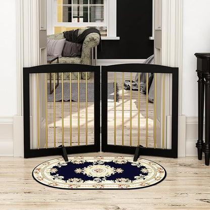 Freestanding Pet Gate for Dogs, Foldable Wooden Dog Gate for House, Stairs, Doorways, Step Over Pet Puppy Safety Fence,Support Feet Included,24" Height 2 Panels, Black&amp;Gold