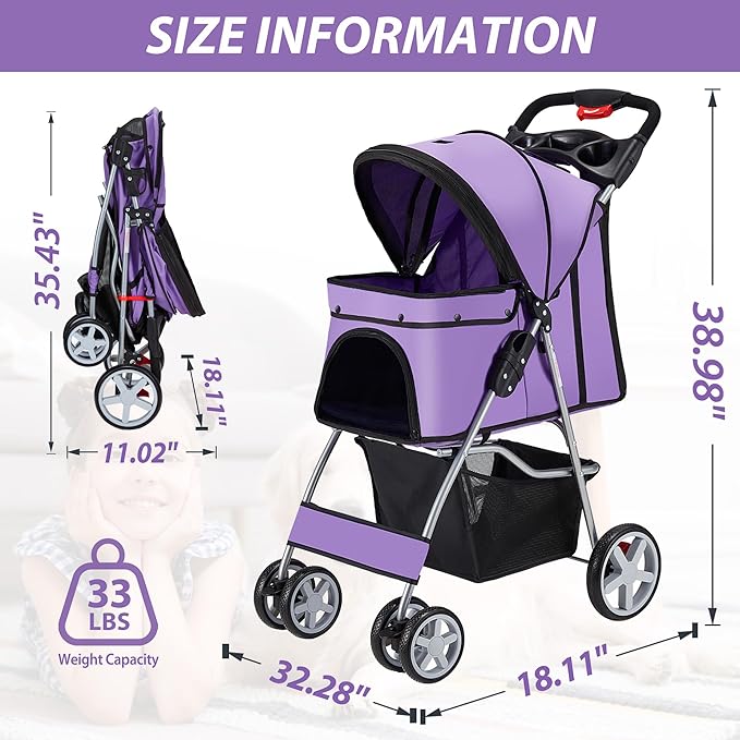 4 Wheels Pet Stroller for Small Medium Dogs Cats 10-33 lbs, Foldable Dog and Cat Stroller with Cup Holder &amp; Storage Basket &amp; Breathable Mesh, Pet Strolling Cart for All-Season, Purple