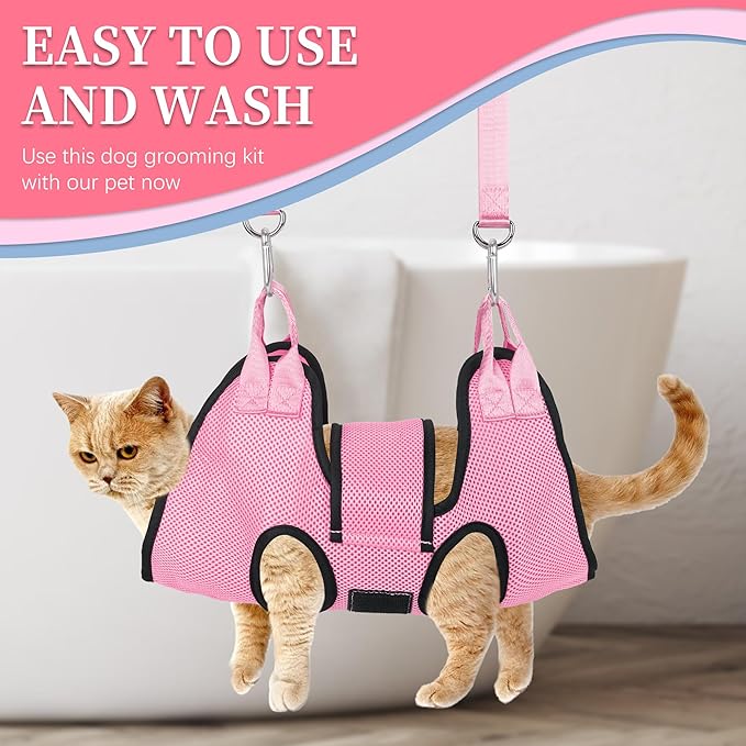 PatiencET Dog Grooming Hammock, Pet Grooming Hammock for Cats &amp; Dogs with Security Strap, Dog Sling for Nail Trimming with Nail Clippers/Trimmer, Nail File, Pet Comb(Pink XS)