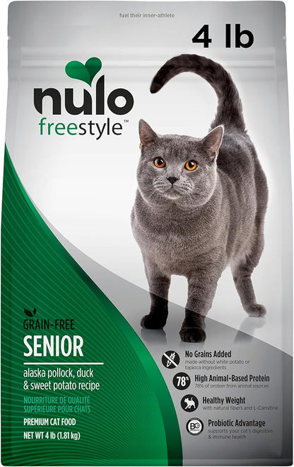 Nulo FreeStyle High Protein Senior Cat Food, Alaska Pollock &amp; Sweet Potato Recipe - Natural Grain-Free Dry Cat Food for Seniors with L-carnitine, Omega Fatty Acids, &amp; Probiotics, 4 lb Bag