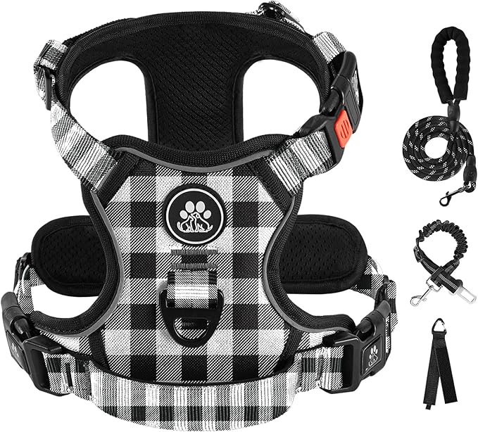 IVY&amp;LANE No Pull Dog Harness with Leash Set, Reflective No Choke Pet Vest,Adjustable Oxford Dog Vest Harness with Easy Control Handle for Large Dogs (Checkered Black,L)