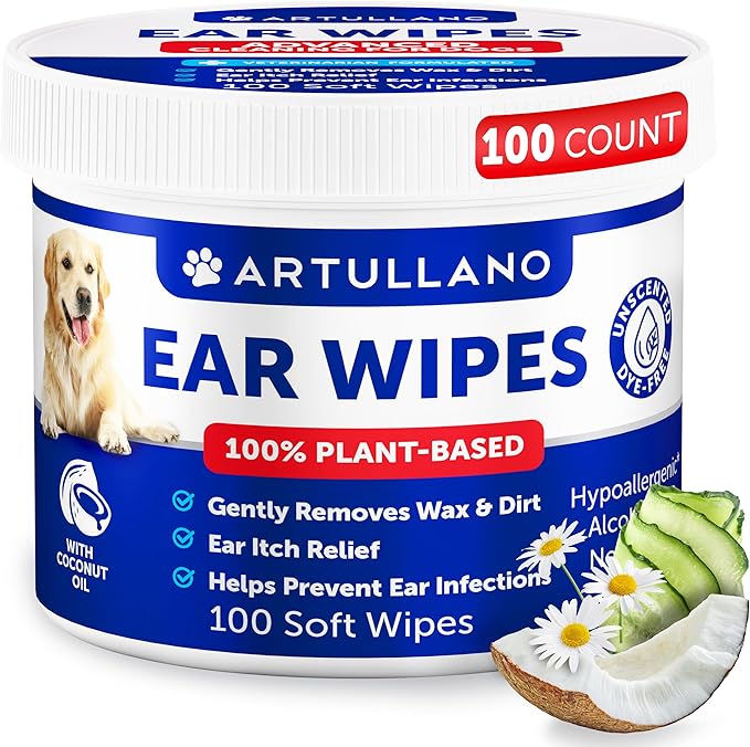 Dog Ear Wipes - 100 ct - Removes Wax and Dirt - Soothing Ear Cleaner Wipes for Dogs, Puppies - 100% Plant Based, Unscented with Coconut Oil - Ear Infection Treatment to Relief Itching &amp; Inflammation