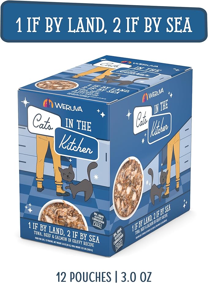 Weruva Cats in The Kitchen, 1 if by Land, 2 if by Sea with Tuna, Beef &amp; Salmon in Gravy Cat Food, 3oz Pouch (Pack of 12)
