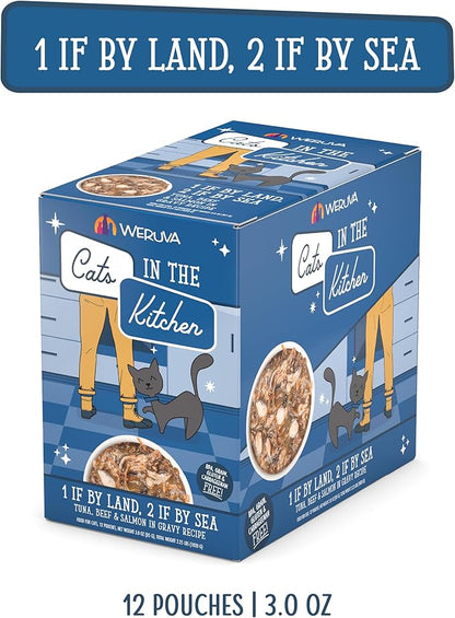 Weruva Cats in The Kitchen, 1 if by Land, 2 if by Sea with Tuna, Beef &amp; Salmon in Gravy Cat Food, 3oz Pouch (Pack of 12)