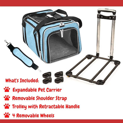 Airline Approved Expandable Premium Pet Carrier on Wheels- Two Sided Expandable Rolling Carrier- Designed for Dogs &amp; Cats- Extra Spacious Soft Lined Carrier! - Light Blue