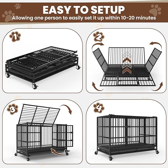 LEVELEVE 48 Inch Heavy Duty Indestructible Dog Crates for Large Dogs，Escape Proof Dog Cage Large Dogs with Lockable Wheels，Dog Kennel Furniture Indoor&amp;Outside