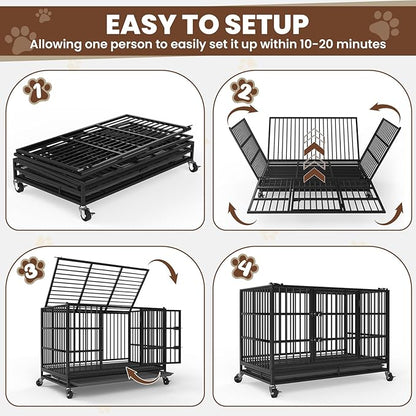 LEVELEVE 54 Inch Heavy Duty Indestructible Dog Crates for Large Dogs，Escape Proof Dog Cage Large Dogs with Lockable Wheels，Dog Kennel Furniture Indoor&amp;Outside