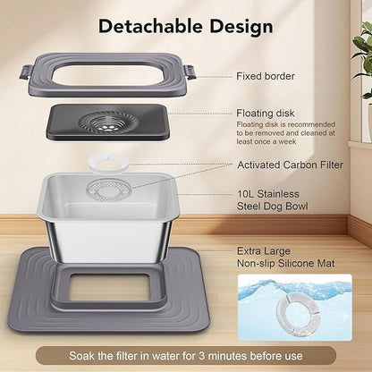 Decflow 10L Stainless Steel Dog Water Bowl, No Spill Anti-Splash Dog Bowls with XXL Silicone Mat, Spill-Proof Slow Feeder for Messy Drinkers, Heavy Duty Pet Bowls for Indoor/Outdoor Use Grey