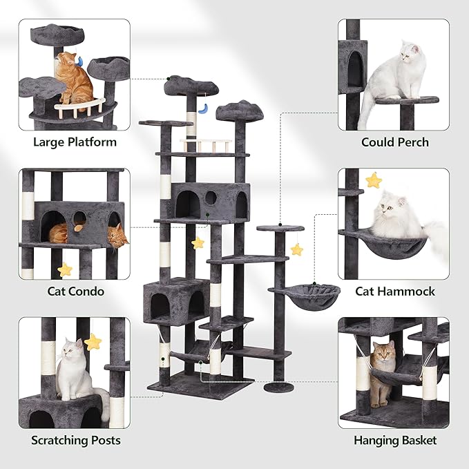 85in Giant Cat Tree for Heavy Duty Big Cats, Large Cat Trees with Scratching Post, Cat Tree Tower with Cat Condos, Hammock &amp; Plush Perch for Maine Coon, Smoky Gray