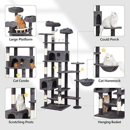 85in Giant Cat Tree for Heavy Duty Big Cats, Large Cat Trees with Scratching Post, Cat Tree Tower with Cat Condos, Hammock &amp; Plush Perch for Maine Coon, Smoky Gray