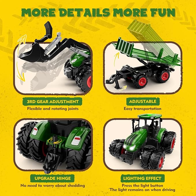 Remote Control Tractor Toy, Kids RC Tractor Set &amp; Truck and Trailer Front Loader - Metal Car Head/8 Wheel/Light, Toddlers Farm Vehicle Toys for 3 4 5 6 7 8 9 Year Old Boys Girls Birthday Gift
