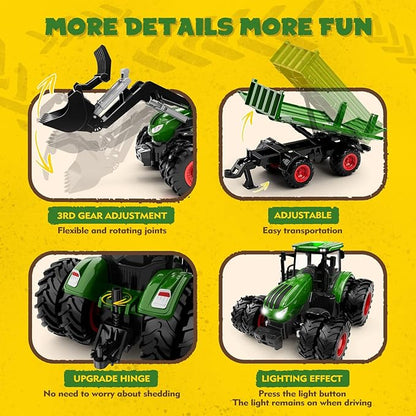 Remote Control Tractor Toy, Kids RC Tractor Set &amp; Truck and Trailer Front Loader - Metal Car Head/8 Wheel/Light, Toddlers Farm Vehicle Toys for 3 4 5 6 7 8 9 Year Old Boys Girls Birthday Gift