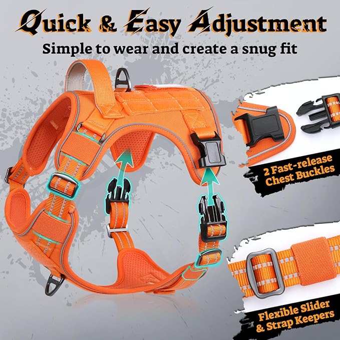 rabbitgoo Dog Harness for Large Dogs No Pull, Tactical Service Pet Vest with Molle and Control Handle, Adjustable and Reflective Military Harness for Easy Walking and Training, Orange, L