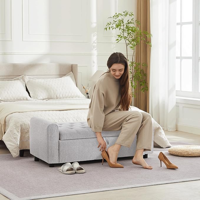 Ottoman with Storage, Tufted Storage Bench for Bedroom, 48" Fabrics End of Bed Bench, Upholstered Entryway Shoe Benches with Rolled Arm &amp; Inner Zipper, Window Ottomans Chest without Rivets, Light Grey
