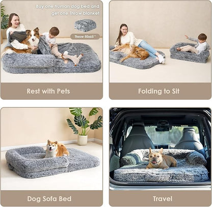 EHEYCIGA Foldable Human Dog Bed, Orthopedic Memory Foam Human Sized Dog Bed, Waterproof Pet Bed for People, Faux Fur Pet Couch for Adult, Grey, 72"x44"x11"