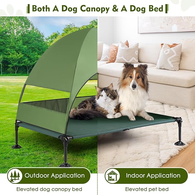 Upgraded Elevated Dog Bed with Canopy, Portable Raised Outdoor Dog Bed with Stable Anti-Slip Feet, Removable Wider Shade, Raised Dogs Cot for Large Pets Camping, Indoor &amp; Outdoor Use