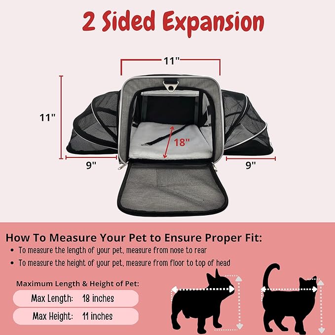 Airline Approved Expandable Premium Pet Carrier on Wheels- Two Sided Expandable Rolling Carrier- Designed for Dogs &amp; Cats- Extra Spacious Soft Lined Carrier! (Grey)