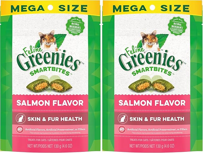Greenies Feline Smartbites Skin &amp; Fur Crunchy and Soft Natural Cat Treats, Salmon Flavor, 4.6 oz. Pack (Pack of 2)