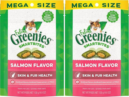 Greenies Feline Smartbites Skin &amp; Fur Crunchy and Soft Natural Cat Treats, Salmon Flavor, 4.6 oz. Pack (Pack of 2)