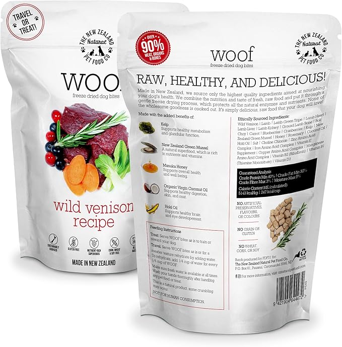 Woof Freeze Dried Dog Food - Wild Venison, High Protein, Dog Food Topper &amp; Dog Treats, All Life Stages, 1.76 oz
