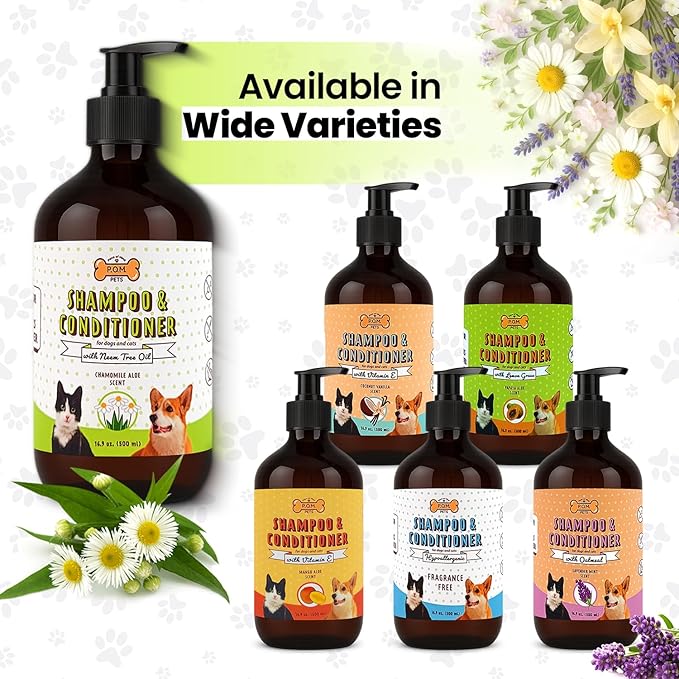 POM Pets 2-in-1 Organic Dog Shampoo &amp; Conditioner – Itchy Skin Relief, Dog Deshedding, Detangles Fur, Cat Shampoo, Paw Cleaner for Dogs, Natural Coat Defense Formula