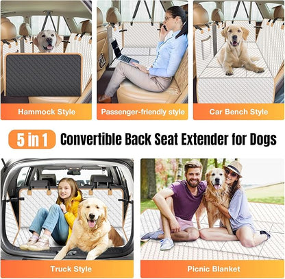 Dog Car Seat Cover for Back Seat, Dog Car Bed Cover with Strong Hard Bottom, Car Back Seat Extender Hammock for Car SUV Truck 4 Panels Beige Color