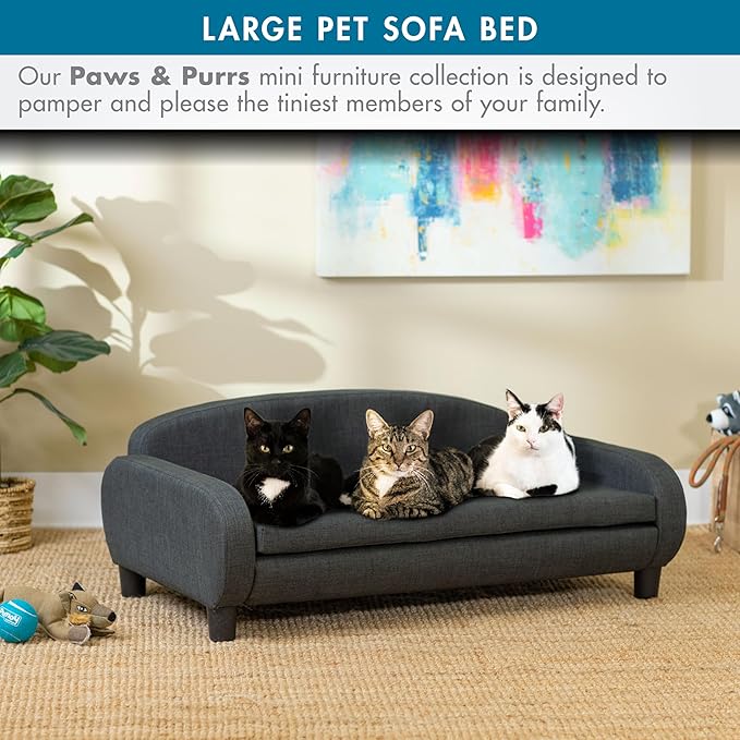 Paws &amp; Purrs Multi-Cat Sofa Bed – 41.5″ Wide Elevated Pet Couch with 3″ Foam Mattress, Removable Machine-Washable Cover – Stylish Indoor Pet Furniture for Two or More Cats and Dogs, Gray