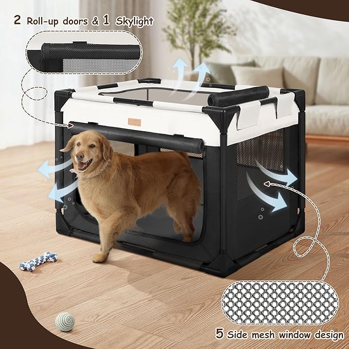 Dog Crate - Soft Pet Kennel for Dogs/Cats, 3-Door Breathable Travel Cage with Mesh Window, Portable Dog Kennel for Indoor &amp; Outdoor，Black-M