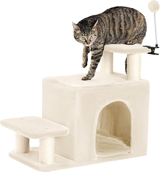 Happi N Pets Dog Stairs with Cat Scratching Post &amp; Large Condo, Stable Pet Steps for High Beds Couch, 3 Combinations Cat Ramp Tree Tower for Cats or Small Dogs, Removable Cushion &amp; Bonus Toy, Beige