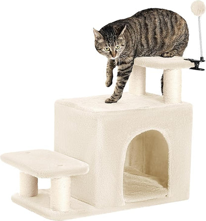 Happi N Pets Dog Stairs with Cat Scratching Post &amp; Large Condo, Stable Pet Steps for High Beds Couch, 3 Combinations Cat Ramp Tree Tower for Cats or Small Dogs, Removable Cushion &amp; Bonus Toy, Beige
