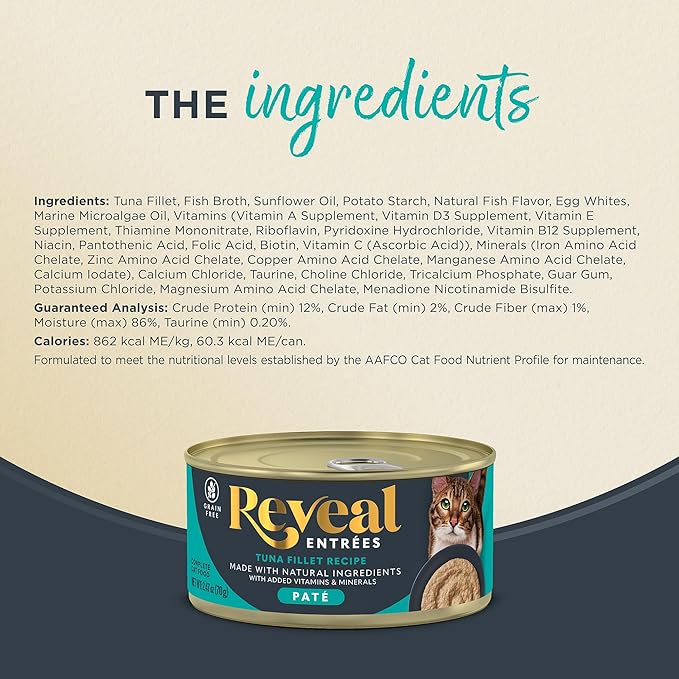 Reveal Entrées Natural Wet Cat Food Paté, Grain-Free with Added Vitamins &amp; Minerals, Carrageenan-Free Tuna Fillet Paté Recipe (24 x 2.47 oz Cans)