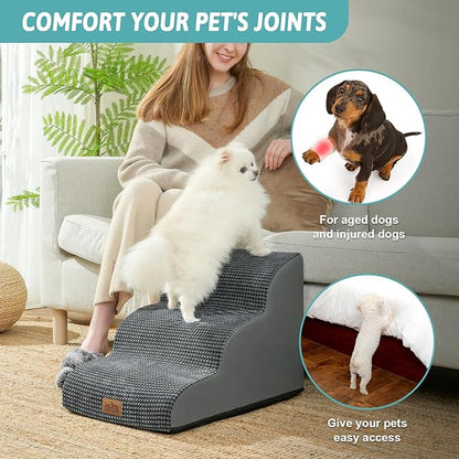Dog Stairs for Small Dogs 15.7" H, Curved Dog Step for Puppy, Older Cat, Medium Pet Ramp for Sofa, Couch or Chair, Ladder with High Density Foam, 15.7x22.4x15.7 inch, 3 Step, Dark Grey