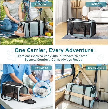 PETSFIT Soft-Sided Cat Carriers &amp; Car Seats with Patent Safe Buckles, Clip-On Harness，18"x11"x11" Airline Approved Pet Carrier - 9 lbs Capacity (Cyan Blue)