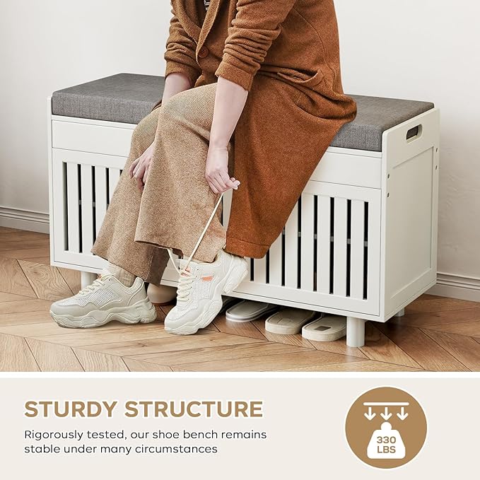 Storage Bench, Bamboo Shoe Bench with Padded Seat Cushion &amp; 2 Doors, 2-Tier Entryway Bench with Lift Top Hidden Storage, 35.4" W x 12.6" D x 19.7" H, Shoe Rack Cabinet for Entryway, Living Room, White