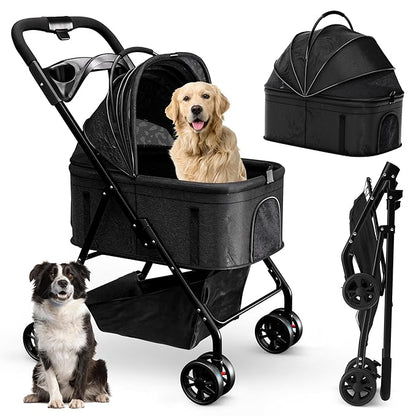 Pet Stroller 3 in 1 Foldable Dog Stroller, Cat Strollers, Foldable pet Strollers &amp; Cat Carrier, Pet Carrier, Lightweight with Cup Holder, Waterproof Max Load 66 lbs, Breathable Mesh Canopy