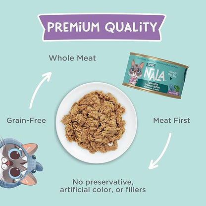 LOVE, NALA - Natural Adult Cat Wet Food - Pate Tuna with Spinach Recipe- Grain Free, Non-GMO, Lean Protein, Iron, Digestive Fiber Blend, Added Minerals &amp; Vitamins - 12 Pack 2.4 lbs.