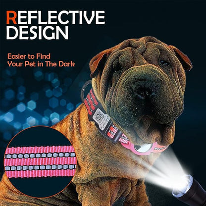 Reflective Dog Collar with Apple AirTag Holder &amp; QR Code Pet ID Tag,Soft Nylon Adjustable Dog Tracker Collar with Safety Lock for Large Dogs(Rose Red, L)