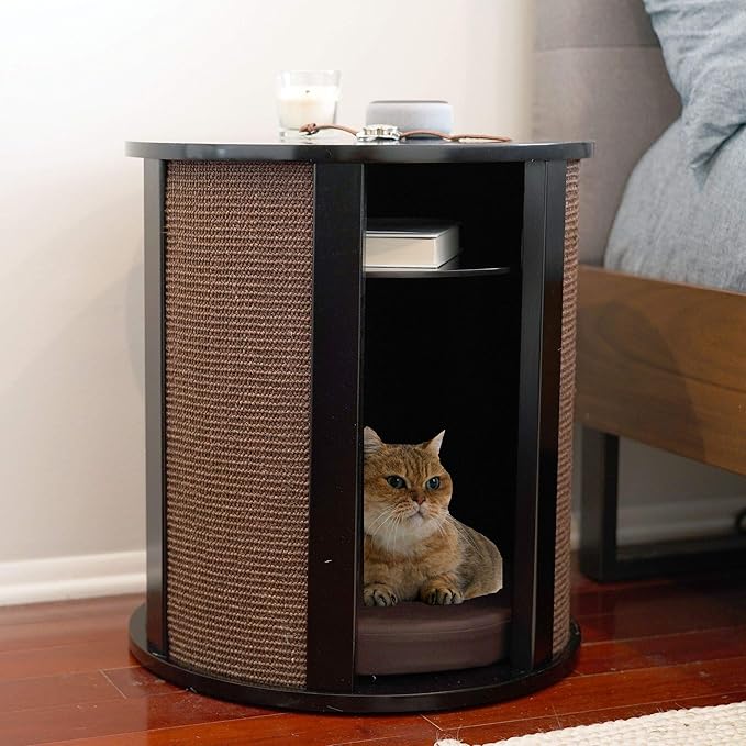 THE REFINED FELINE Purrrrfect End Table Cat Bed Cave in Black Espresso, Multipurpose Wood Cat Furniture Nightstand, Easy to Clean Covered Cat Bed with Replaceable Scratching Post &amp; Washable Cushion
