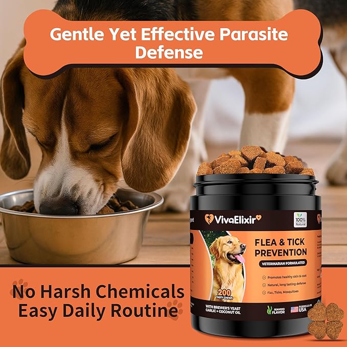 Flea and Tick Prevention for Dogs – 200 Soft Chews - Dog Flea and Tick Treatment &amp; Oral Flea Pills – Skin &amp; Coat Health - Made in USA - for Small, Medium, Large Dogs