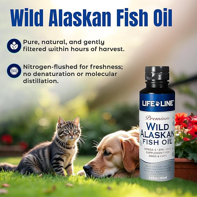Life Line Pet Nutrition Wild Alaskan Fish Oil Omega-3 Supplement for Skin &amp; Coat – Supports Brain, Eye &amp; Heart Health in Dogs &amp; Cats, 8.5oz