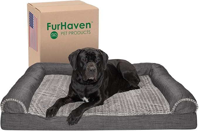 Furhaven Cooling Gel Dog Bed for Large Dogs w/ Removable Bolsters &amp; Washable Cover, For Dogs Up to 125 lbs - Luxe Faux Fur &amp; Performance Linen Sofa - Charcoal, Jumbo Plus/XXL