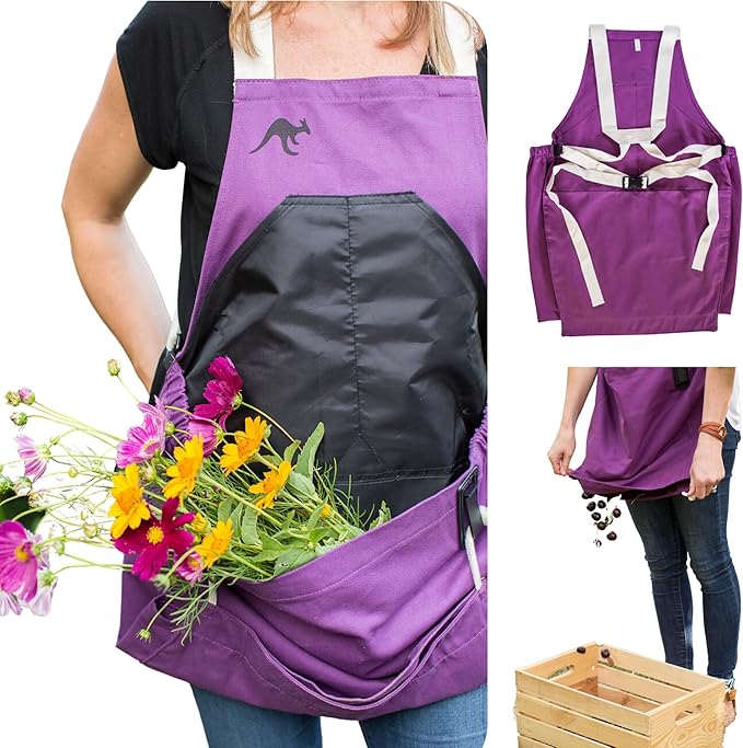 Roo Gardening Apron with Pockets &amp; Harvesting, Picking Pouch - Adjustable, Water-resistant, Washable Canvas Cotton
