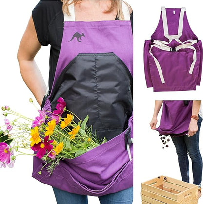 Roo Gardening Apron with Pockets &amp; Harvesting, Picking Pouch - Adjustable, Water-resistant, Washable Canvas Cotton
