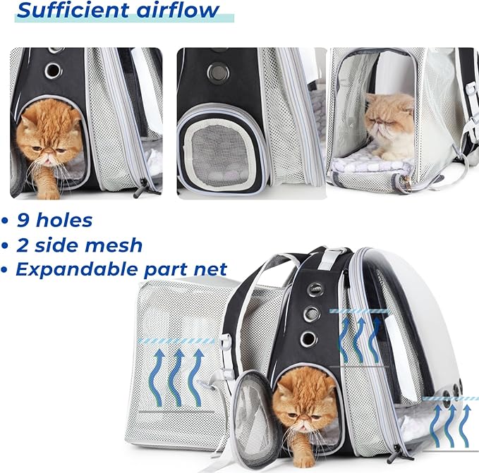 Lollimeow Cat Carrier Backpack, Bubble Dual Expandable Backpack Carrier, Pets and Small Dogs,Airline-Approved, Designed for Travel, Hiking, Walking &amp; Outdoor Use (Dual Expandable-Black)