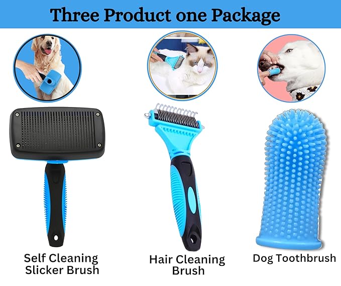 3-in 1 Dog &amp; Cat Grooming Supplies- Self-cleaning Slicker Brush, Deshedding Rake Comb, And Finger Toothbrush For Dogs &amp; Cats | Perfect For Pet Grooming Kit, Dematting And Dental Tool (blue)