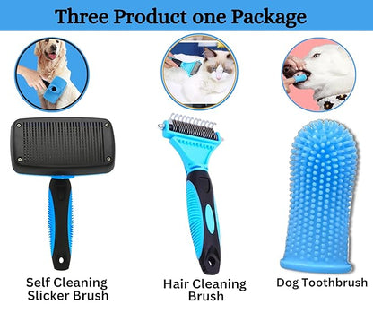 3-in 1 Dog &amp; Cat Grooming Supplies- Self-cleaning Slicker Brush, Deshedding Rake Comb, And Finger Toothbrush For Dogs &amp; Cats | Perfect For Pet Grooming Kit, Dematting And Dental Tool (blue)