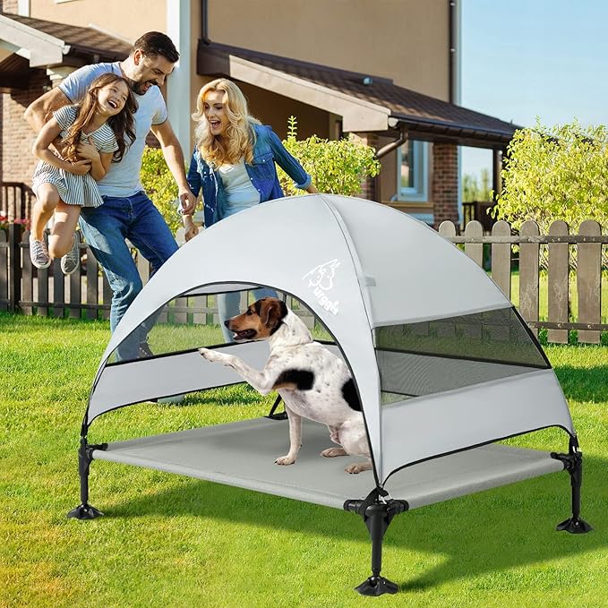 Upgraded Elevated Dog Bed with Canopy, Portable Raised Outdoor Dog Bed with Stable Anti-Slip Feet, Removable Wider Shade, Raised Dogs Cot for Large Pets Camping, Indoor &amp; Outdoor Use