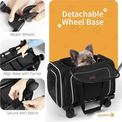 Pet Carrier for Travel - Small Dogs/Cats - 15 LBS MAX Dogs/Cats Expandable - Airline Approved &amp; Roomy - Premium Pets Carrier with Wheels - Cozy Soft-Lined Travel Carrier - Stylish Black Design